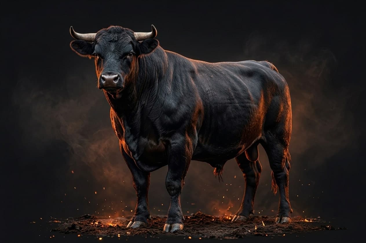 Kräftiger schwarzer Stier in Glut-Atmosphäre — Wahrzeichen des Steakakademie Cut-Generators