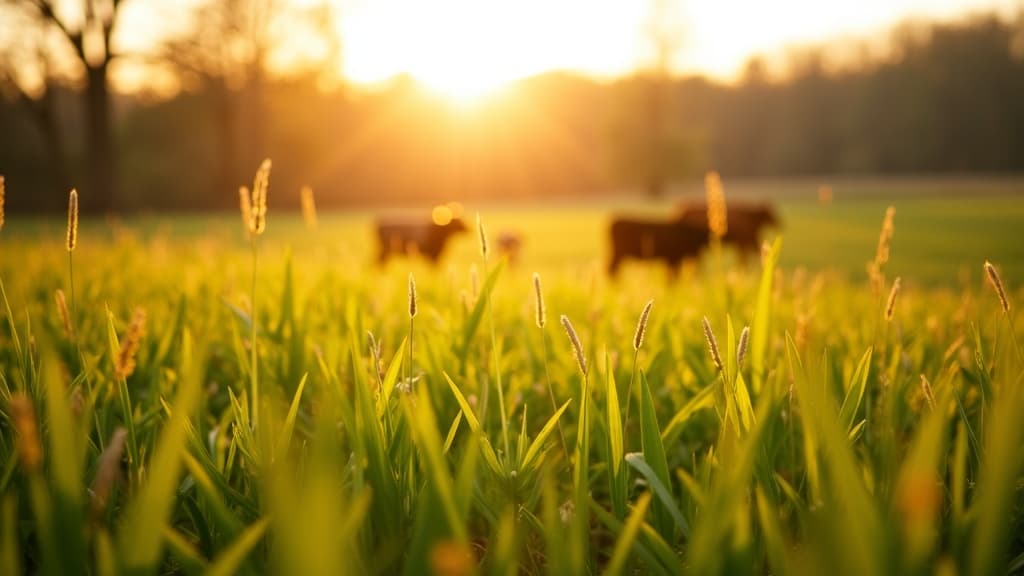 Fruehlingsweide im Gegenlicht, hohe Graeser scharf im Vordergrund, Rinder klein und unscharf im Hintergrund