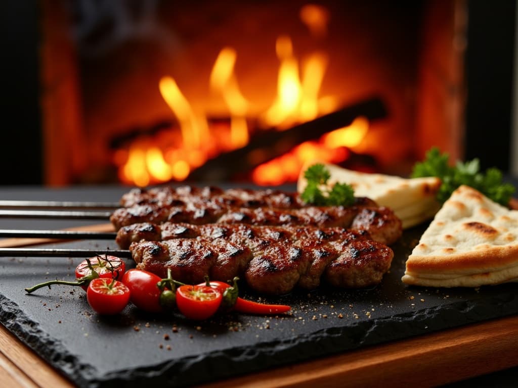 Adana Kebab auf Metallspiess über glühender Holzkohle, mit Brandflecken — KI-generiertes Symbolbild