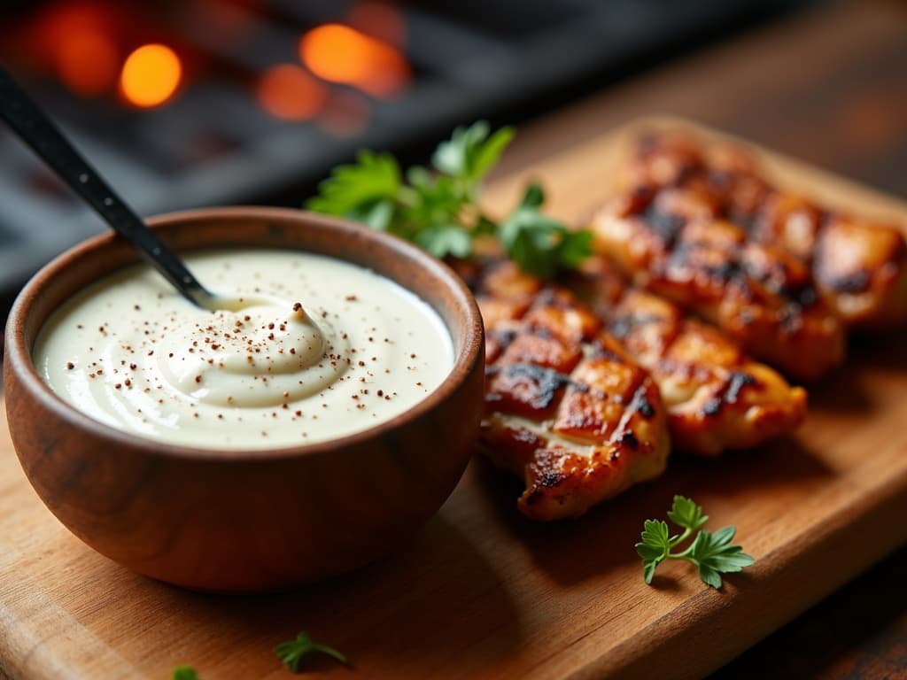 Cremige weiße Alabama-Sauce mit grob gemahlenem Pfeffer, daneben gegrilltes Hähnchen — KI-generiertes Symbolbild