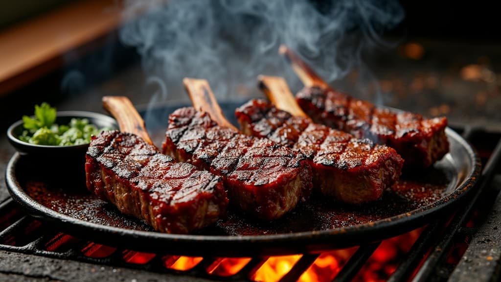 Gegrillte argentinische Short Ribs über Holzfeuer mit Chimichurri — KI-generiertes Symbolbild