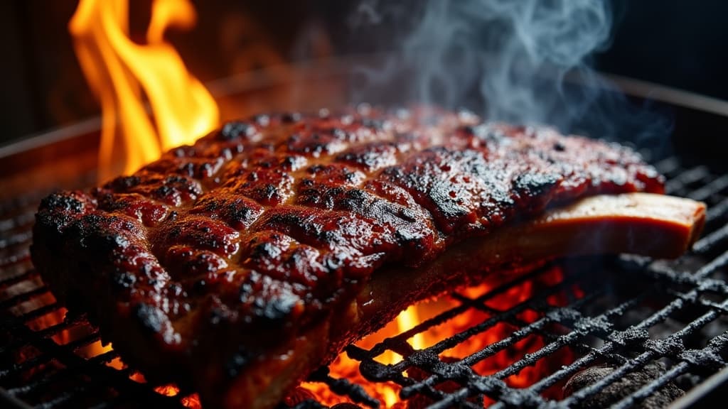 Geräucherte Beef Back Ribs mit dunkler Bark auf Schneidebrett — KI-generiertes Symbolbild