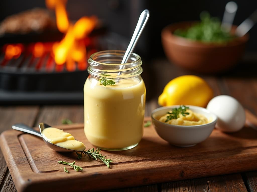 Dickcremige selbstgemachte Mayonnaise im hohen Glas, daneben Stabmixer und Zutaten — KI-generiertes Symbolbild
