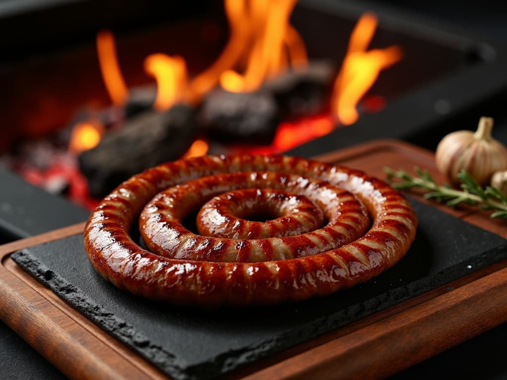 Spiralförmig gegrillte Boerewors auf Holzkohlegrill mit Flammen — KI-generiertes Symbolbild