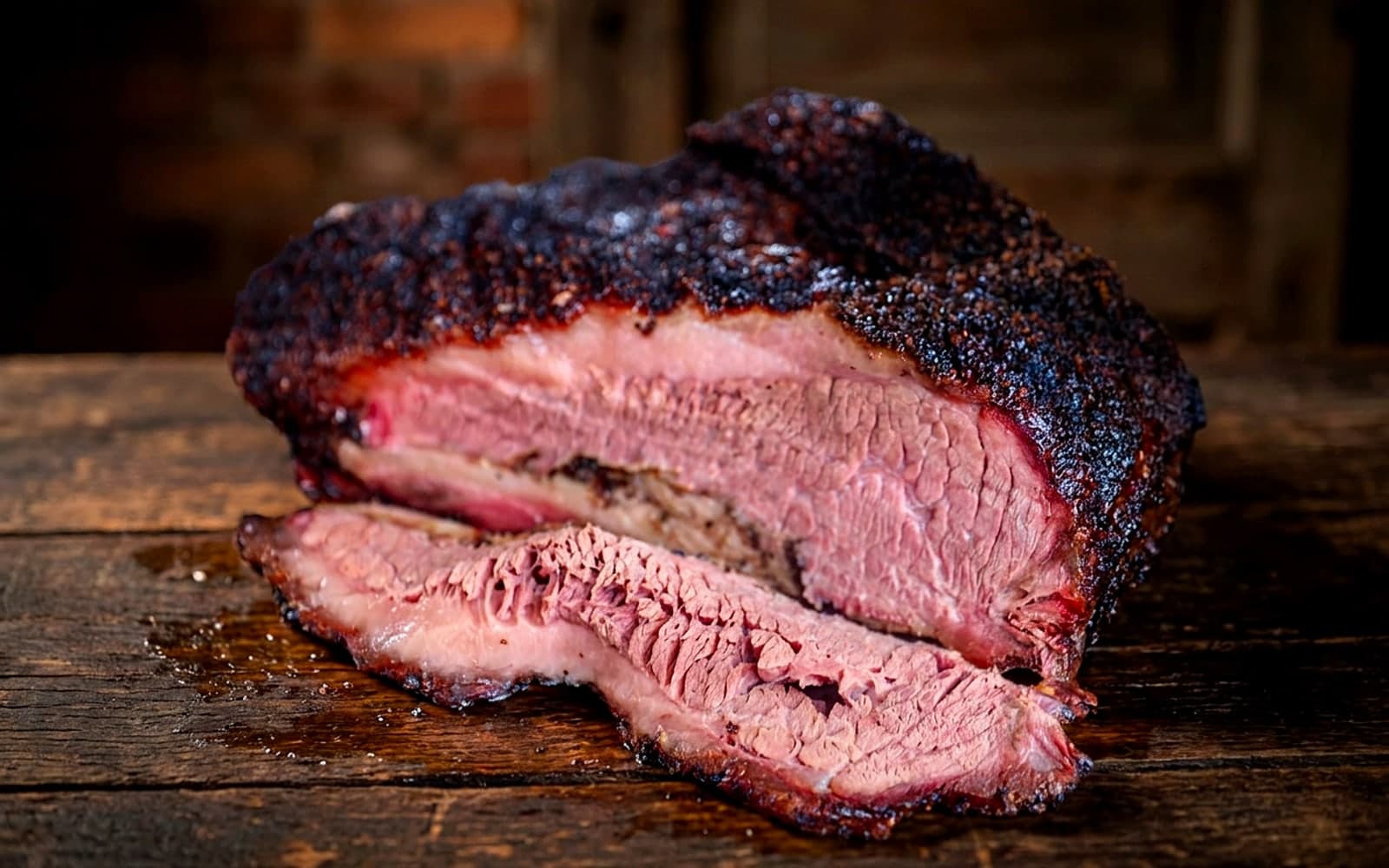 Aufgeschnittenes Brisket mit dunkler Bark und rosa Rauchring auf einem Holzbrett — KI-generiertes Symbolbild