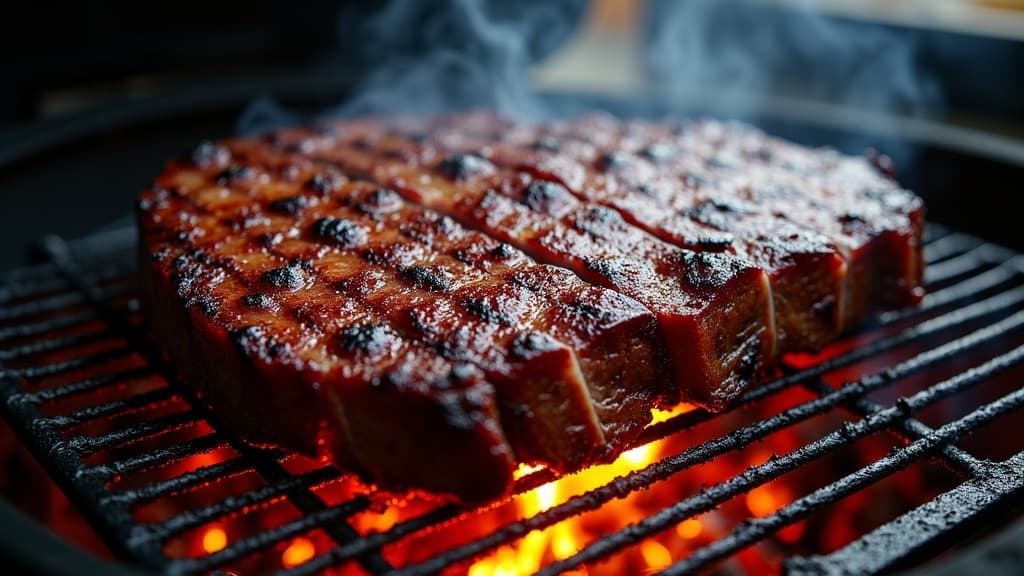 Fertig gegartes Texas Brisket mit dunkler Bark, angeschnitten auf Schneidebrett — KI-generiertes Symbolbild