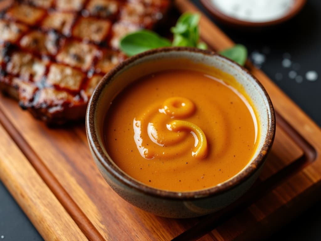 Goldgelbe Carolina Mustard Sauce in einem Glasgefäß neben Pulled Pork