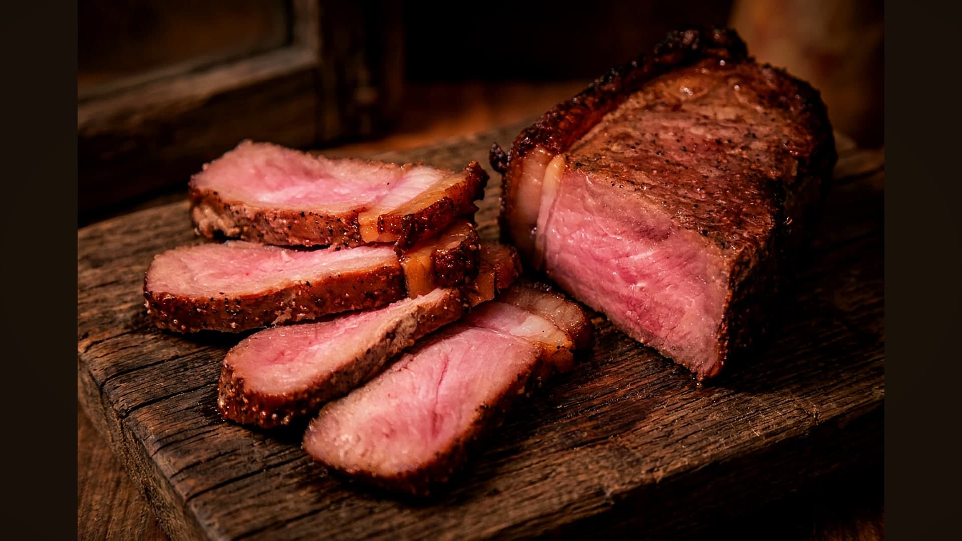 Aufgeschnittenes Rinderfilet-Mittelstück mit gleichmäßig rosa Kern — KI-generiertes Symbolbild