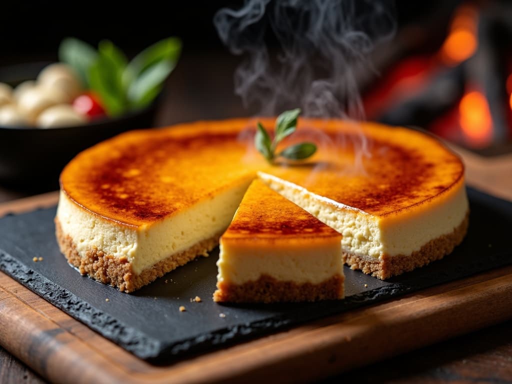 Goldgelber Cheesecake in der Springform auf dem Grillrost, ein Stück angeschnitten — KI-generiertes Symbolbild