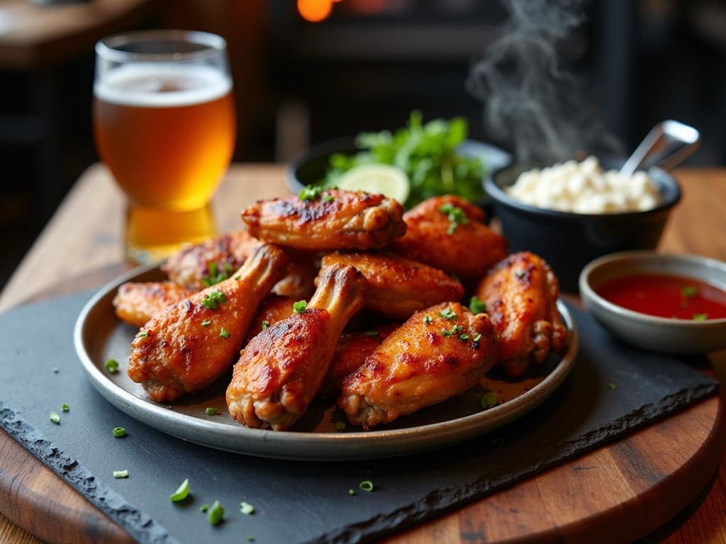 Mahagonifarbene geräucherte Chicken Wings, daneben Marinierspritze und Bier — KI-generiertes Symbolbild
