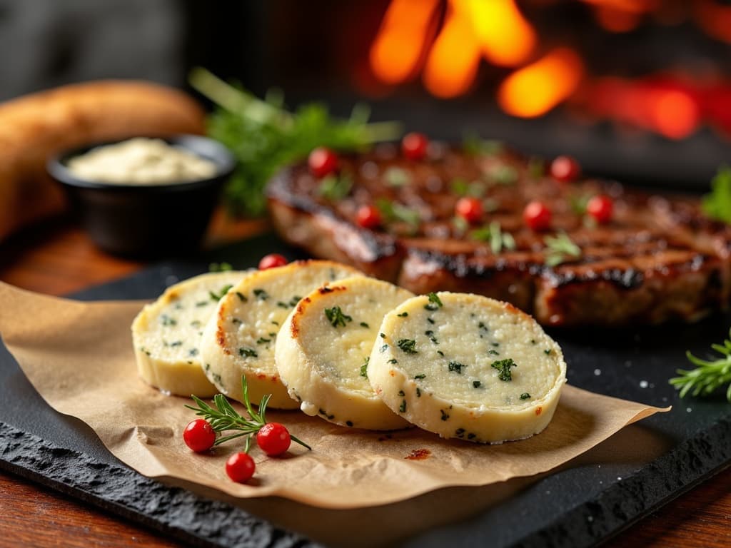 Aufgeschnittene Kräuterbutter-Rolle mit Chili, eine Scheibe schmilzt auf einem Steak