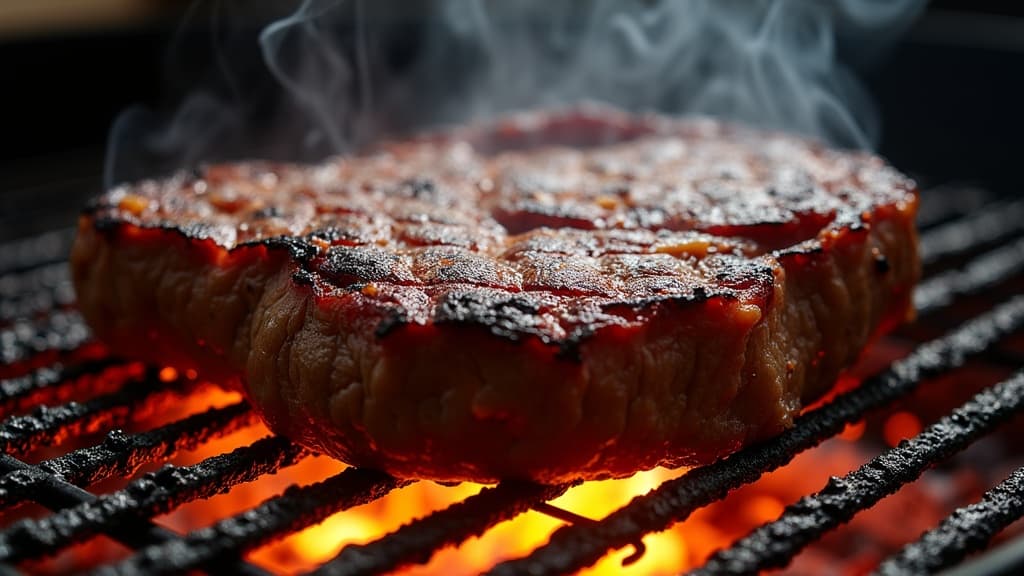 Gegrilltes Entrecôte mit Kruste auf Holzbrett, rosa Kern sichtbar — KI-generiertes Symbolbild