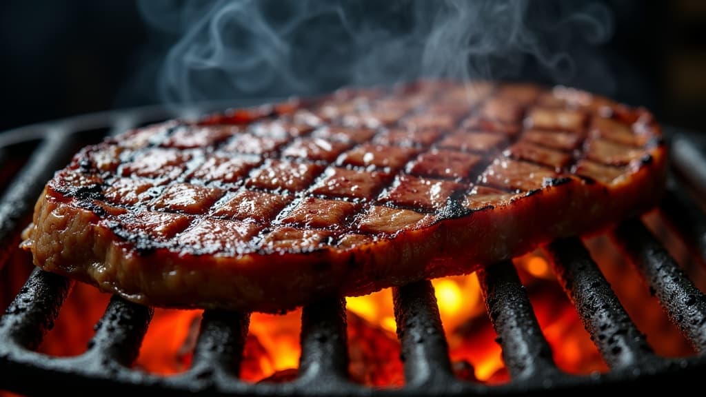 Gegrilltes Flank Steak, rosa Kern, dunkle Kruste, in duenne Scheiben geschnitten — KI-generiertes Symbolbild