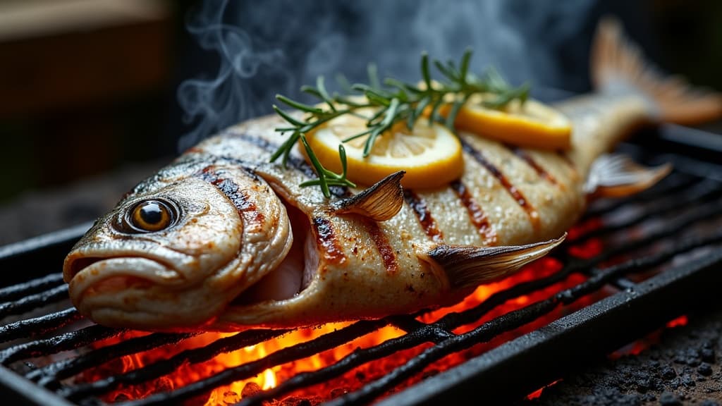 Ganze gegrillte Dorade mit knuspriger Haut in Fischzange über Glut — KI-generiertes Symbolbild