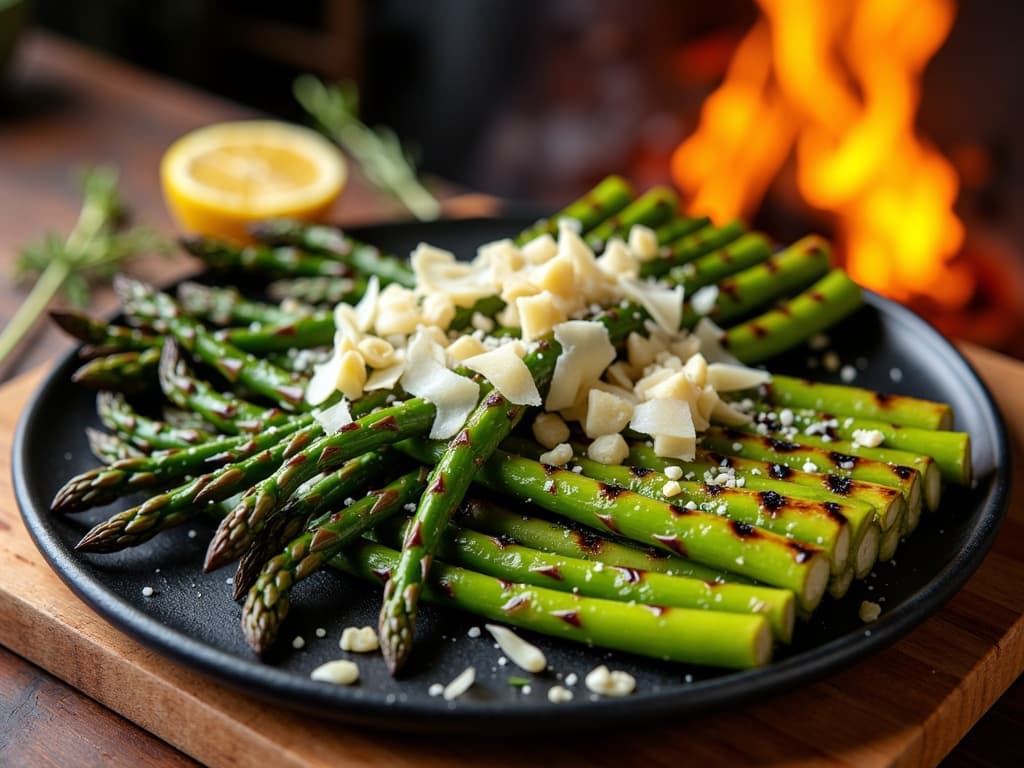 Gegrillter grüner Spargel mit Grillstreifen, Parmesan und Zitrone — KI-generiertes Symbolbild