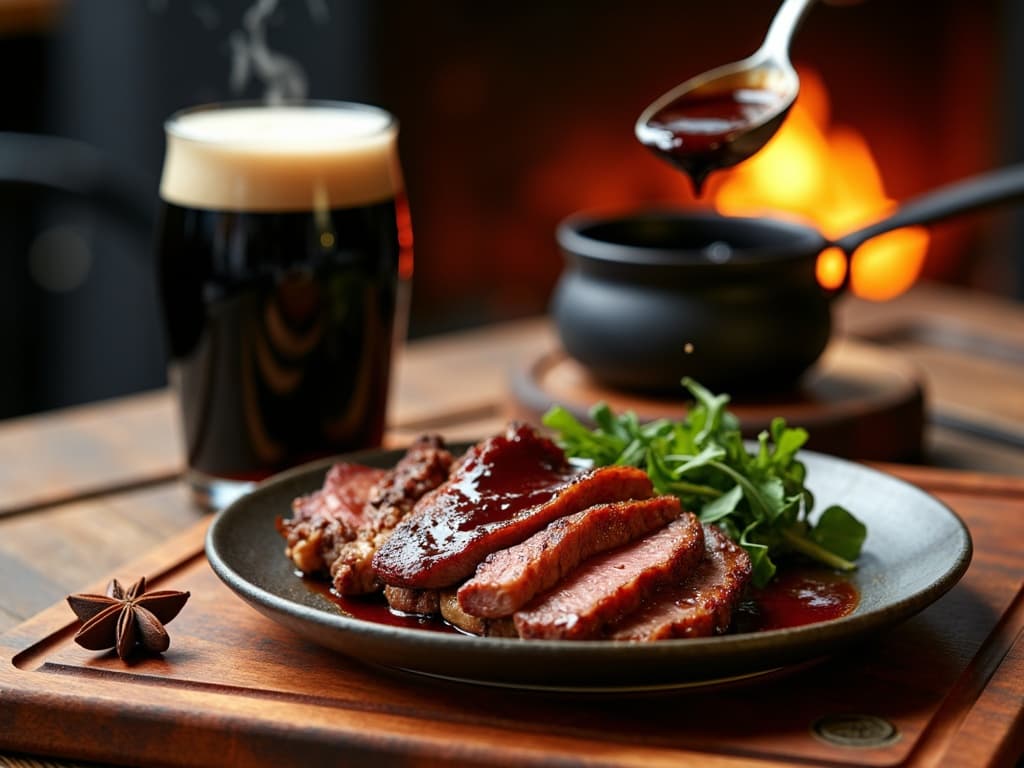 Dunkle glänzende Guinness-Sauce über rosa Roastbeef-Scheiben gelöffelt — KI-generiertes Symbolbild