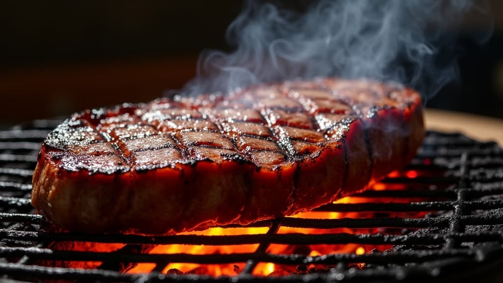 Gegrillte Iberico Pluma mit Bark, rosa Kern, Meersalz und Olivenöl — KI-generiertes Symbolbild