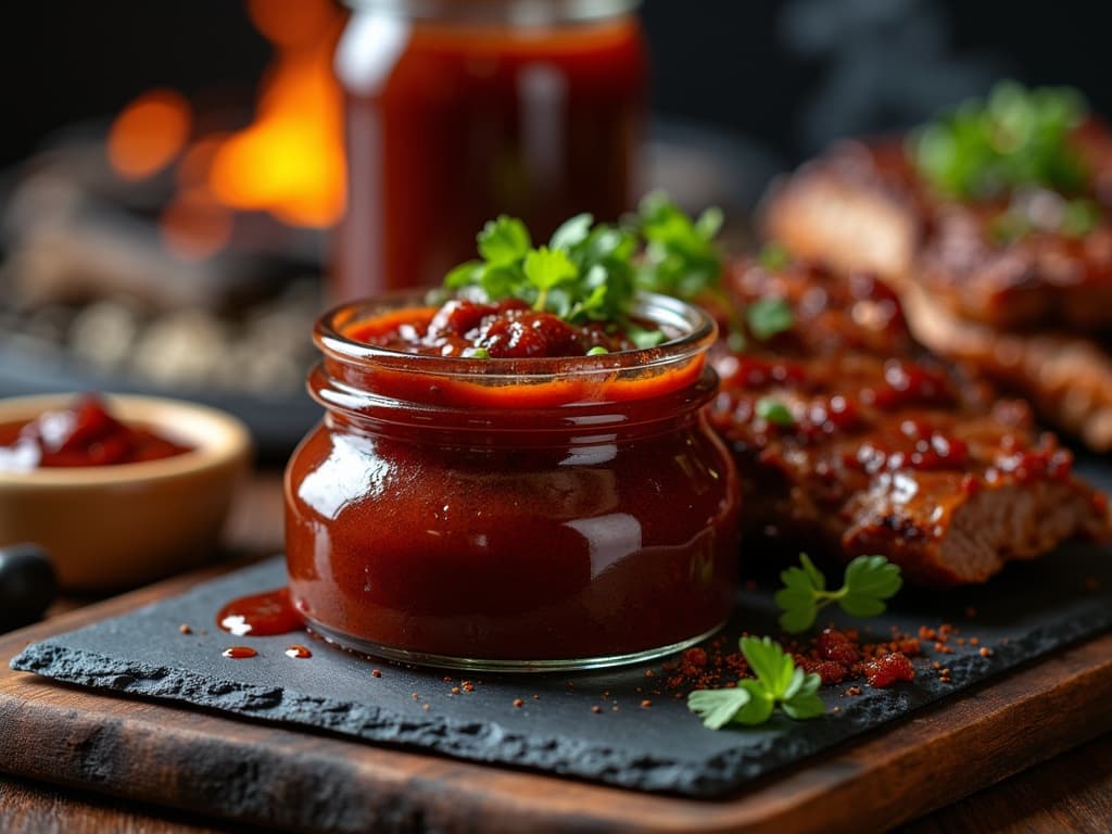 Kansas City BBQ Sauce in einem Glas, dunkelrot und glänzend — KI-generiertes Symbolbild