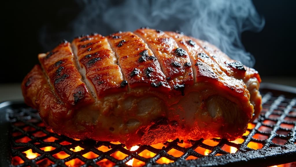 Gegrillter Krustenbraten mit knuspriger Schwarte, aufgeschnitten — KI-generiertes Symbolbild