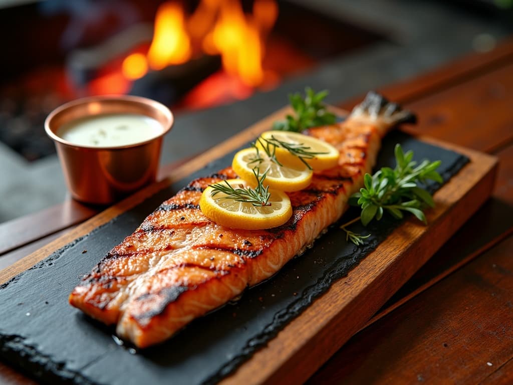 Ganze Lachsforelle stehend auf Holzbrett gegrillt, daneben schaumige Sabayone — KI-generiertes Symbolbild