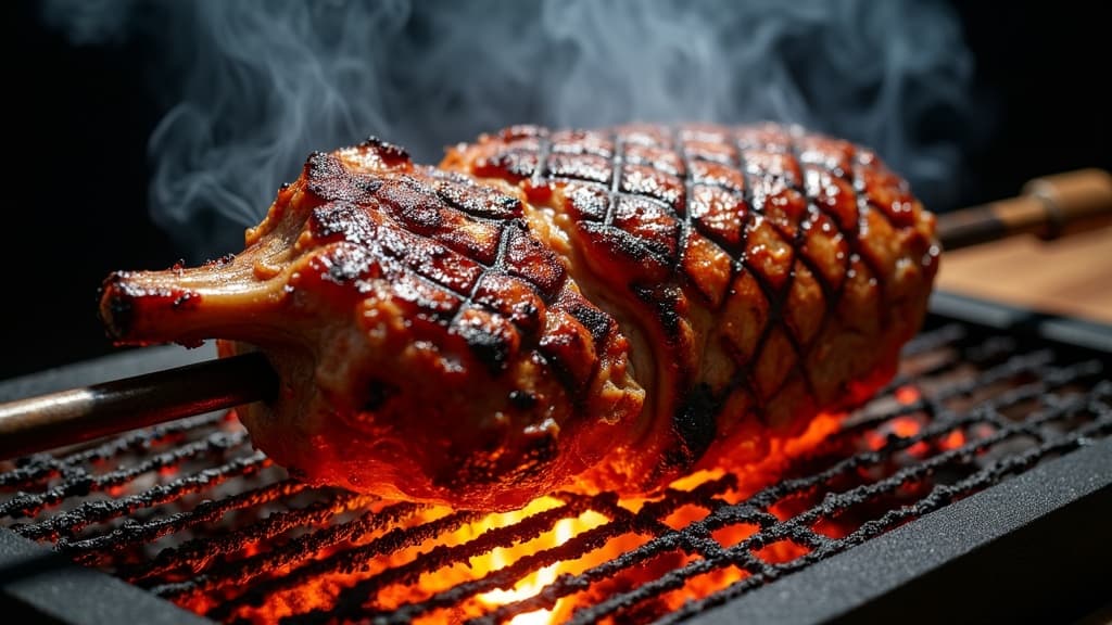 Ganze Lammkeule am Rotisserie-Spieß, goldbraun, über Glut drehend — KI-generiertes Symbolbild
