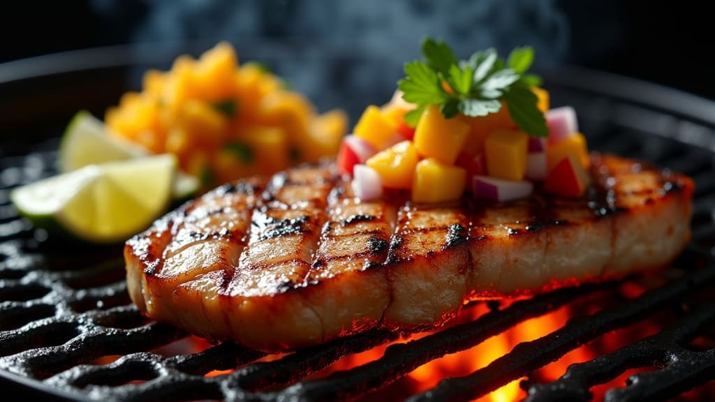 Gegrilltes Mahi-Mahi-Filet mit Grillstreifen, Mango-Salsa und Limettenscheiben — KI-generiertes Symbolbild