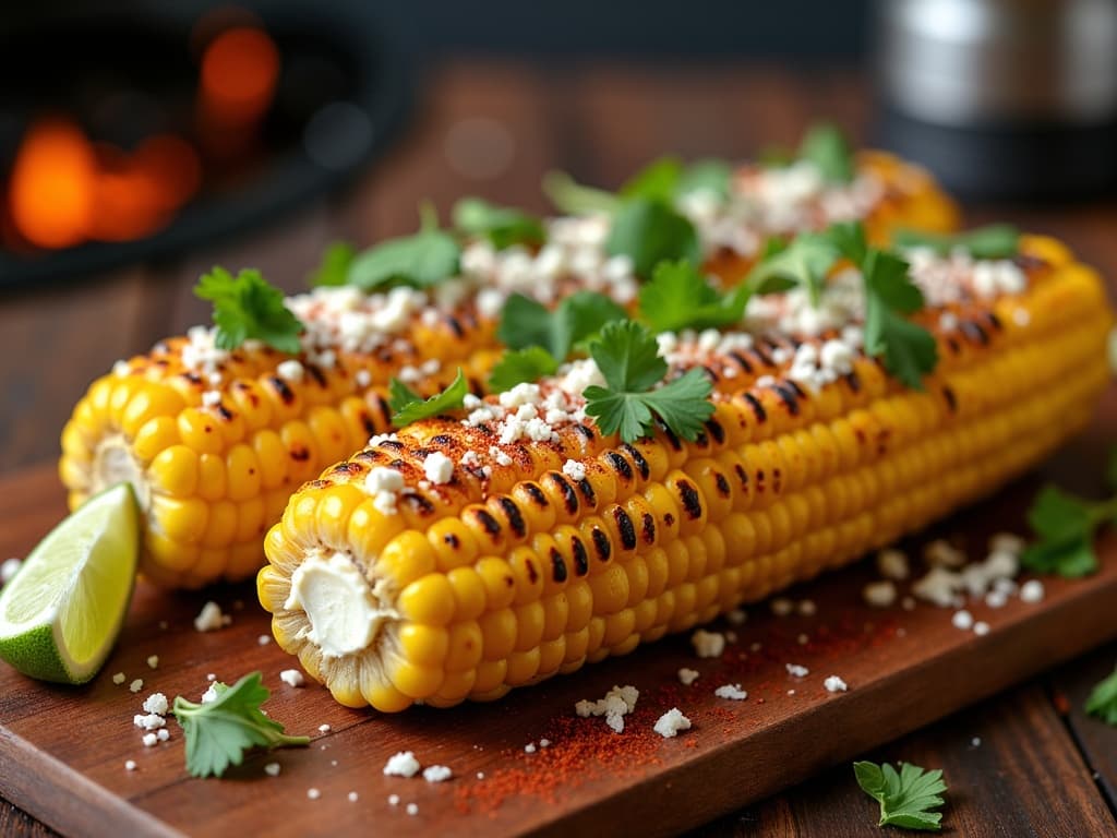 Gegrillter Maiskolben mit Cotija-Käse, Crema und Chilipulver — KI-generiertes Symbolbild