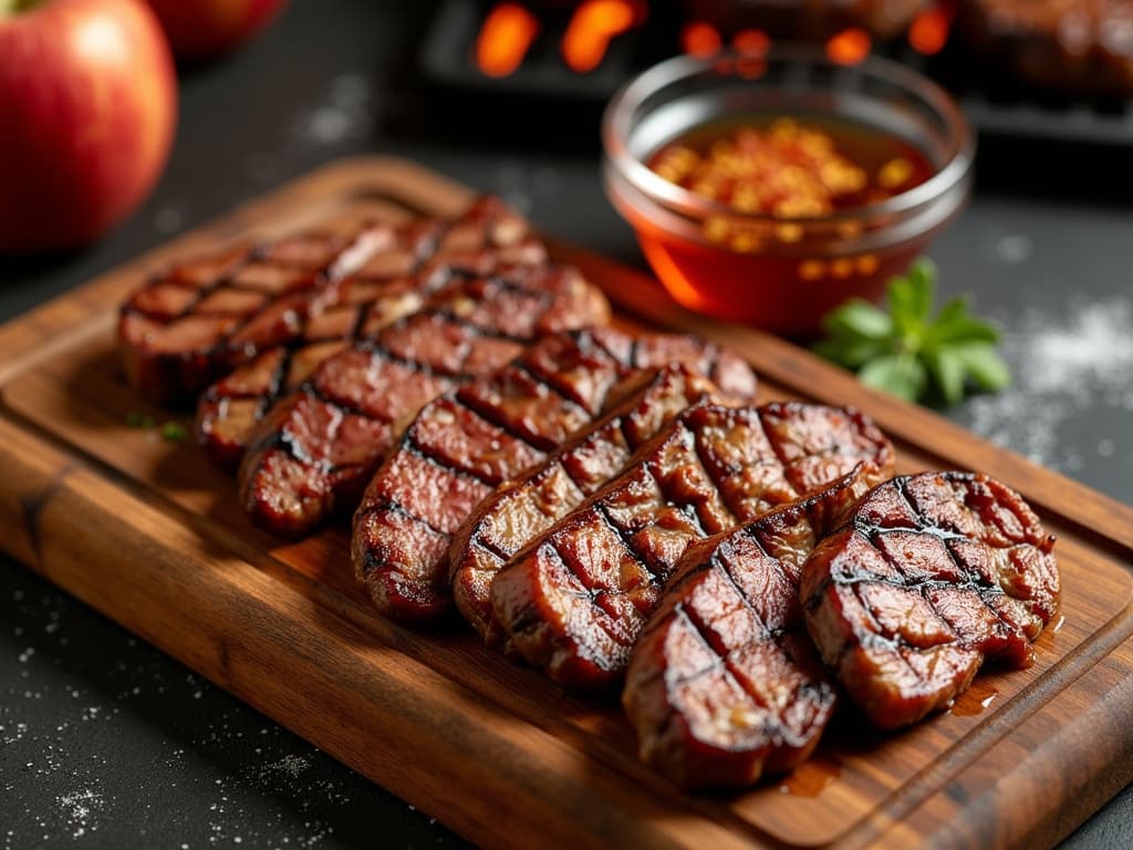 Dünne gegrillte Minutensteaks in Streifen geschnitten, daneben Apfel-Chili-Lake in Schale — KI-generiertes Symbolbild