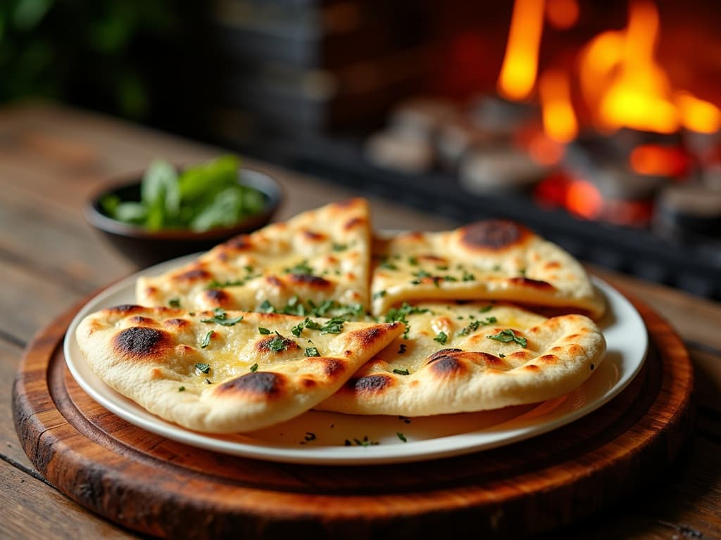 Frisch gebackene Naan-Fladen mit Röstblasen und Kräuterbutter auf Holzbrett — KI-generiertes Symbolbild