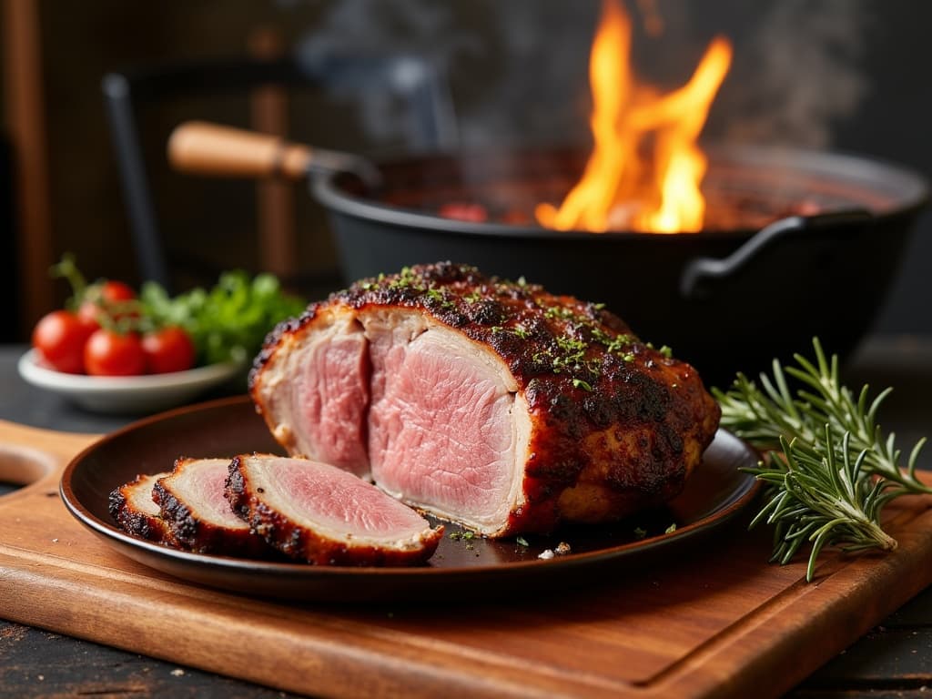 Nackenbraten mit dunkler Kräuterkruste, angeschnitten auf Holzbrett — KI-generiertes Symbolbild
