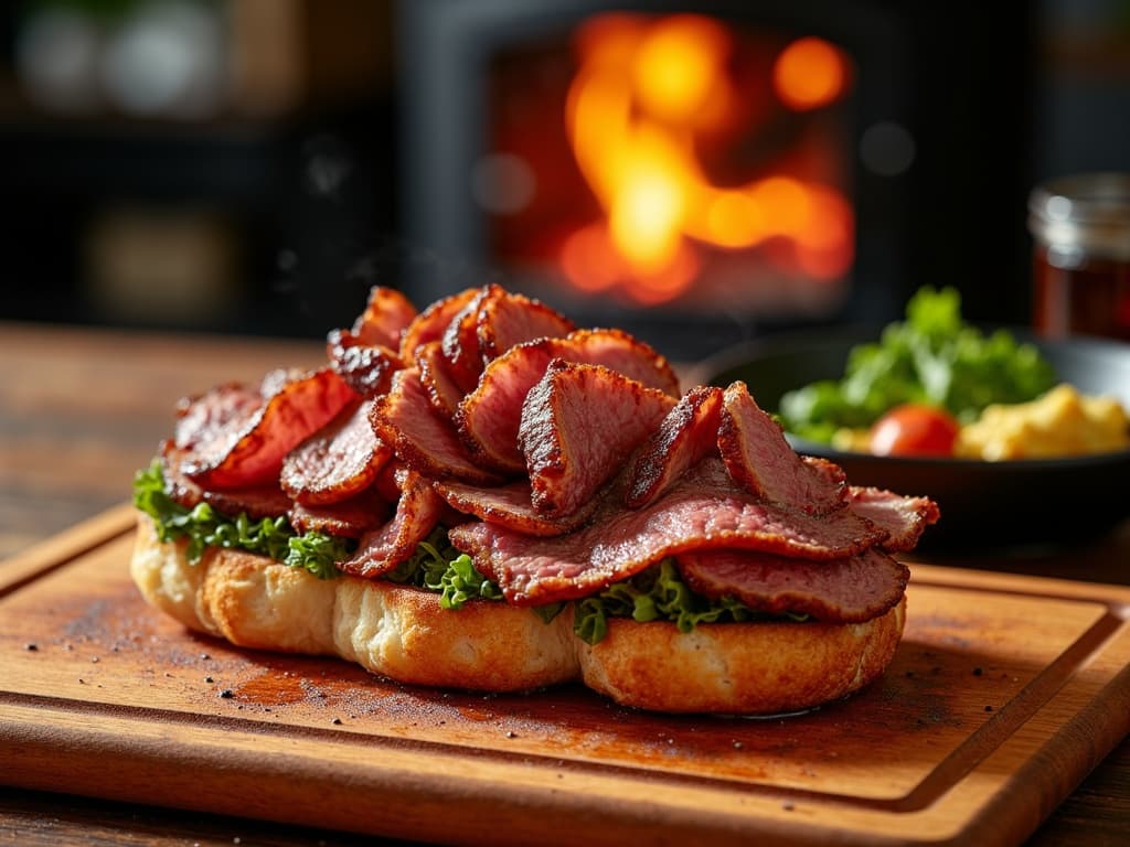 Hauchdünn aufgeschnittene Pastrami-Rinderhüfte mit Pfefferkruste auf Bauernbrot