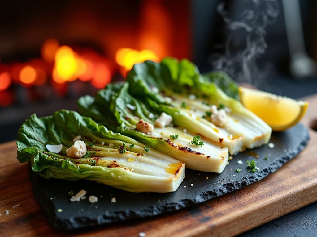 Halbierte Romana-Salatherzen mit Röstmarken, Parmesan und Zitrone — KI-generiertes Symbolbild