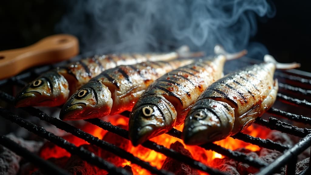 Gegrillte ganze Sardinen mit goldbrauner, verkrusteter Haut auf Grillrost — KI-generiertes Symbolbild