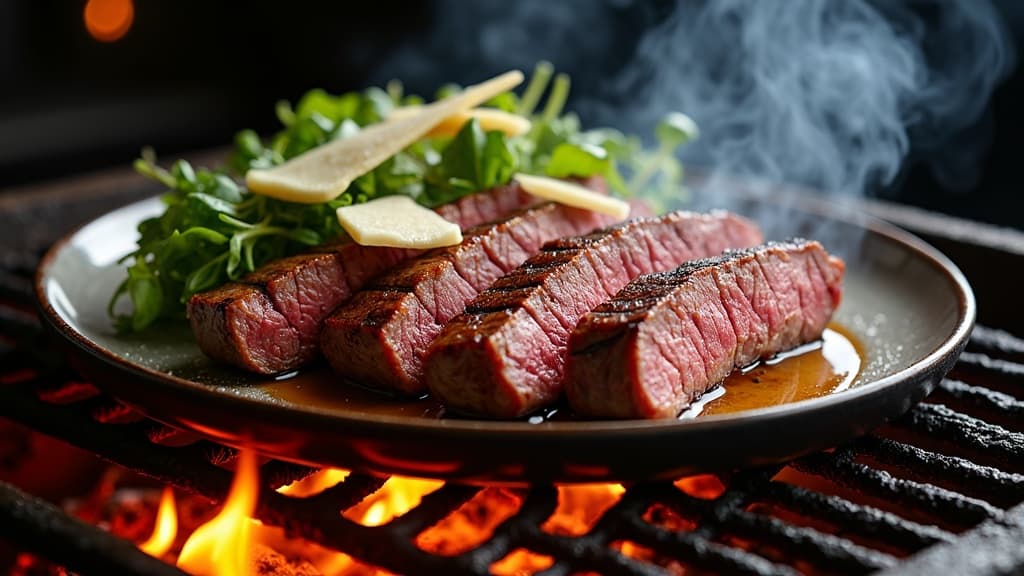 Geschnittenes Roastbeef auf Ruccola mit Parmesan und Olivenöl — KI-generiertes Symbolbild