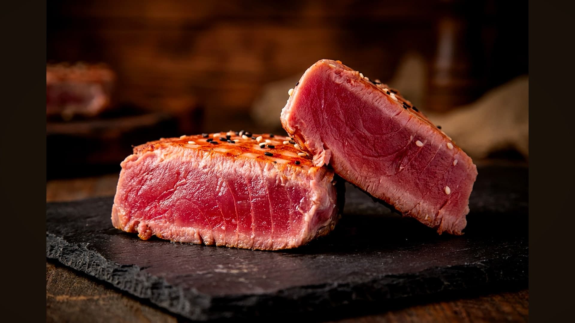 Angebratenes Thunfischsteak mit Kruste außen und tiefrotem, rohem Kern — KI-generiertes Symbolbild