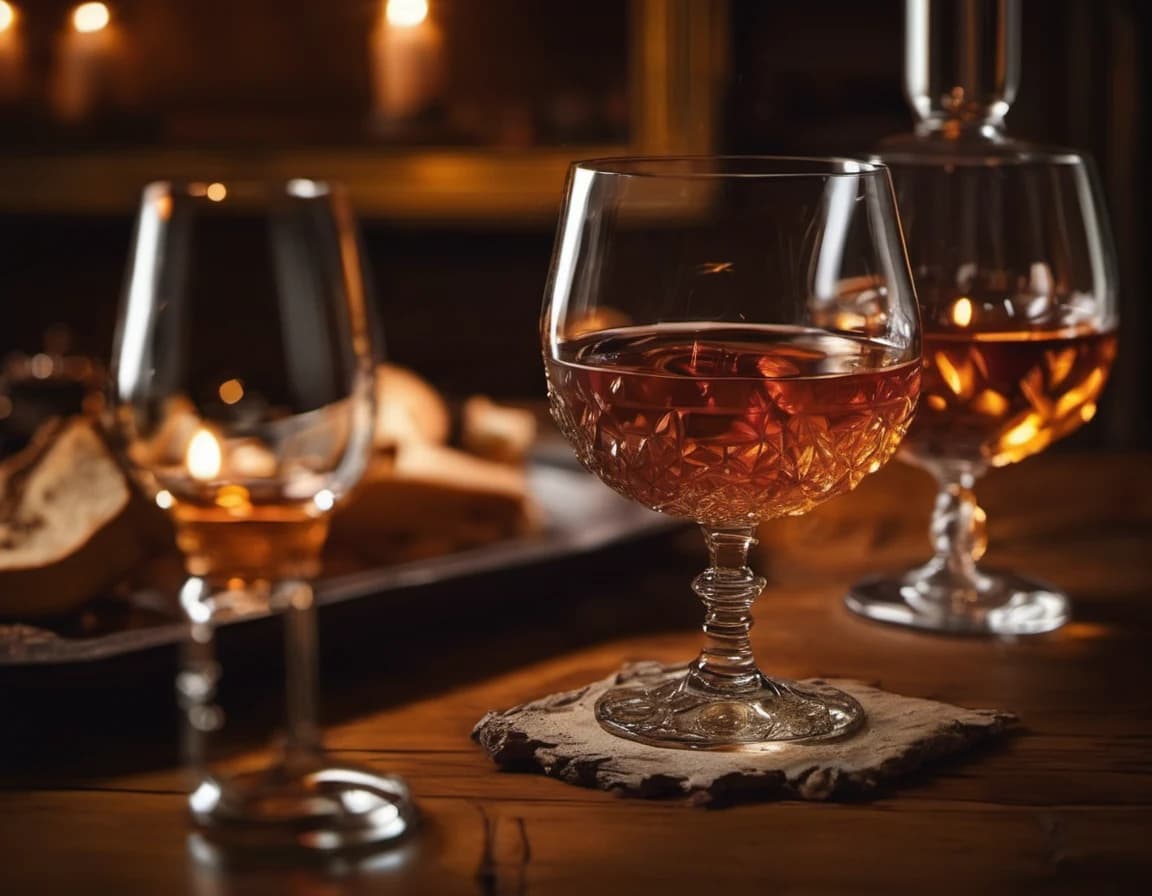 Whisky-Gläser auf dunklem Holz — warmes Amberlicht, rauchige Atmosphäre