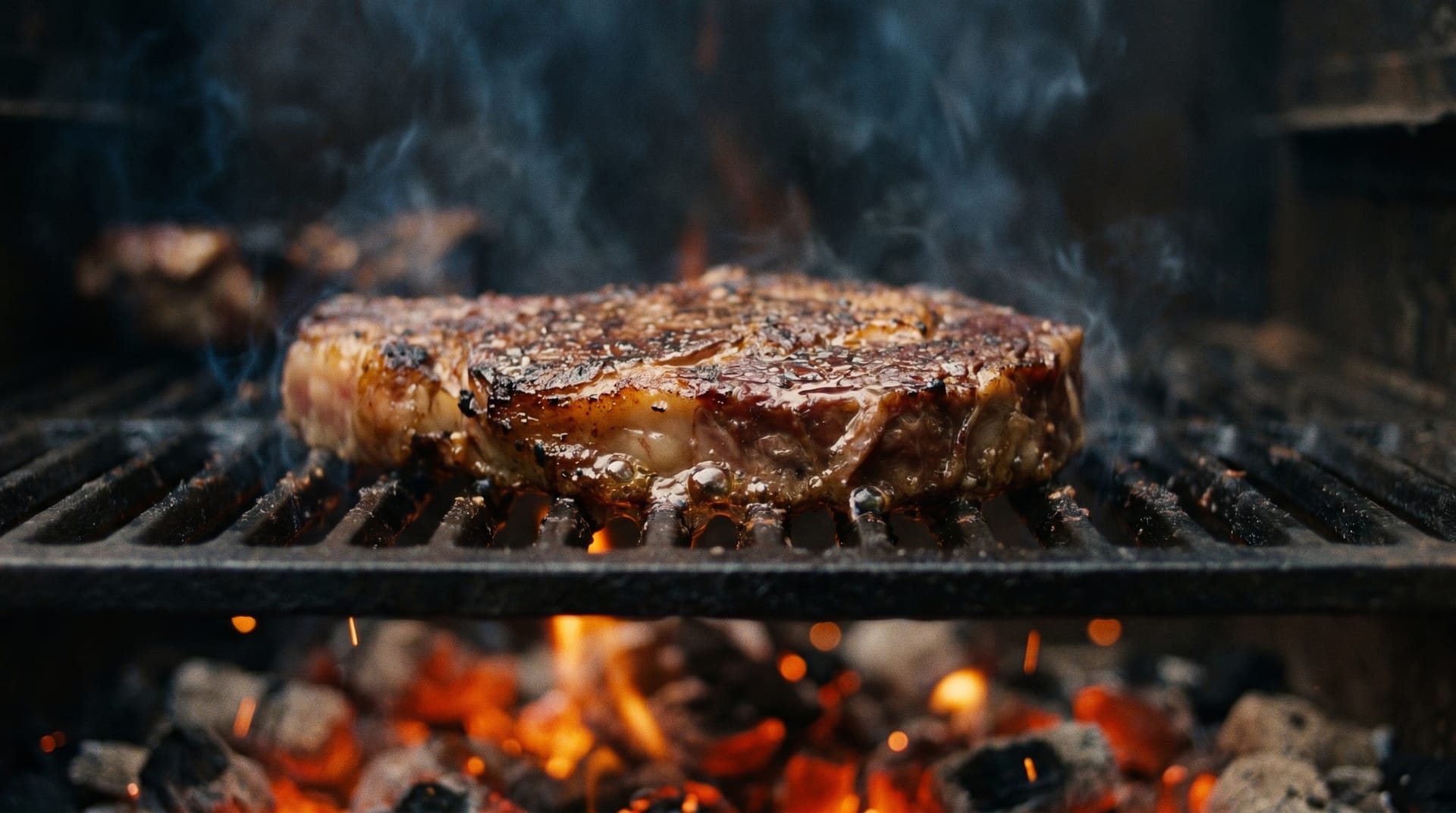 Premium Ribeye auf glühender Holzkohleglut — der klassische Reverse-Sear-Cut